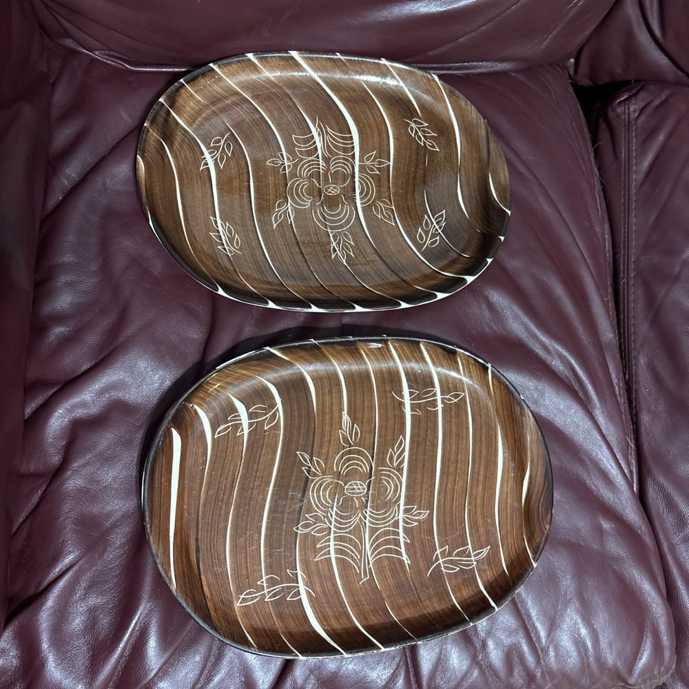 2 Puriton Art Pottery Intaglio Oval Plate Platter TIKI Brown Tan MCM Vtg Retro